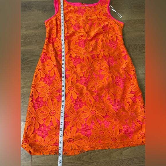 NWT Karin Stevens Sleeveless Pink Shift Dress With Orange Lace Overlay Size 16 - Picture 8 of 8